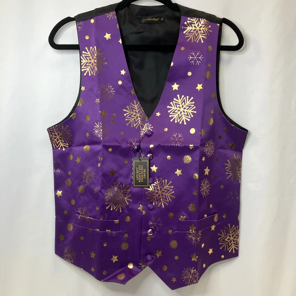 Christmas Men's Suit Vest Tie Set Formal Waistcoat Tuxedo Purple Festive sz S